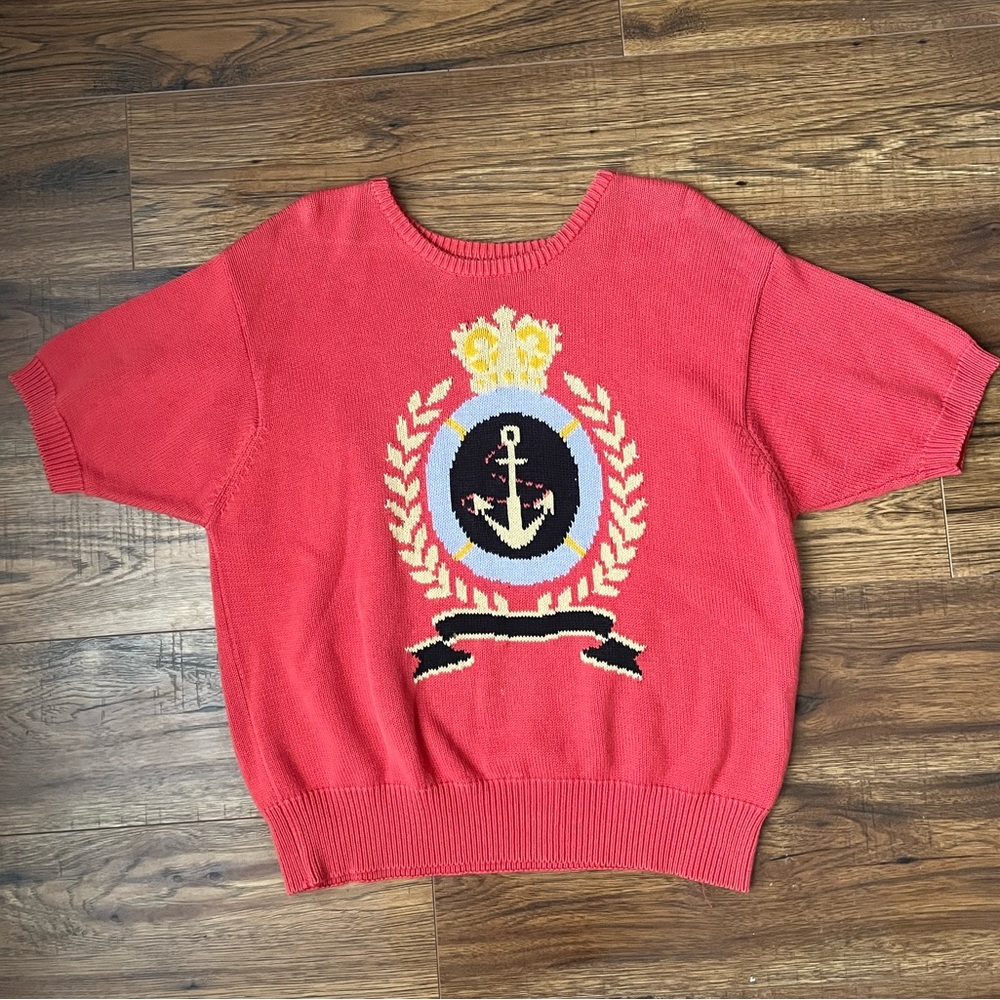 Unique Vintage Nautical Sailor Anchor Embroidered Short Sleeve Sweater Large
